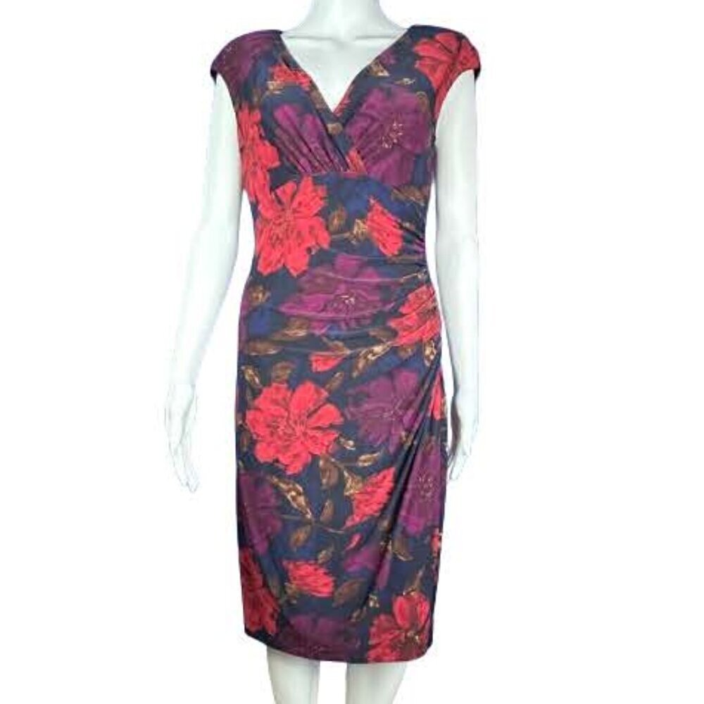 Lauren Ralph Lauren Floral Ruched Sheath Dress V Neck Size 6